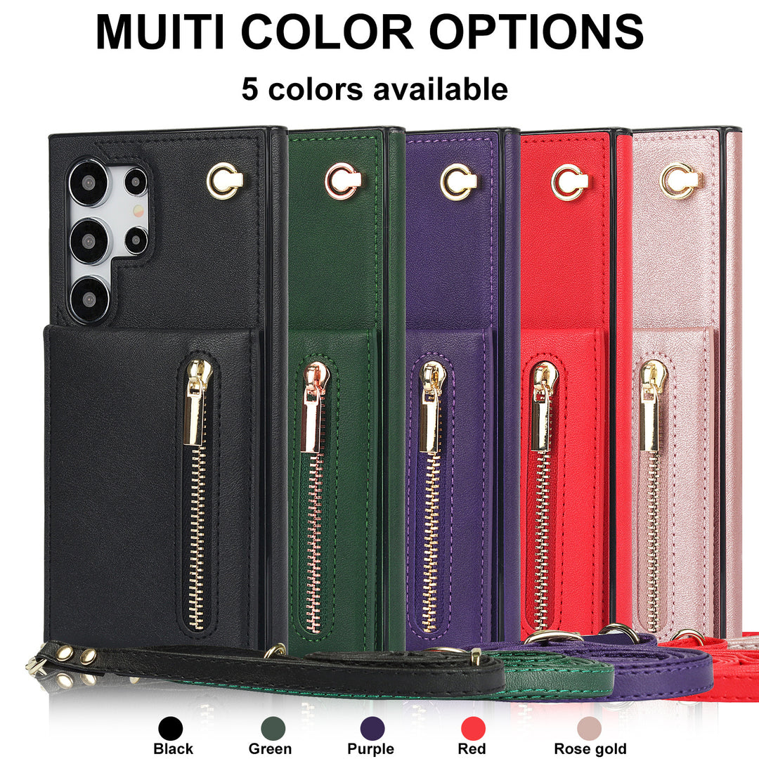 Lädertelefonfodral med kort crossbody-zip för Samsung-telefoner