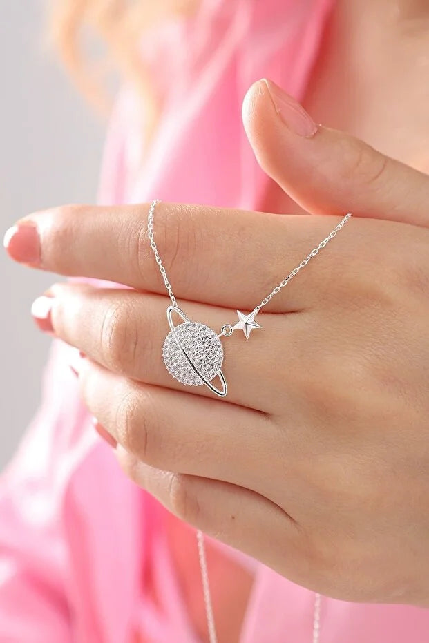 925 Sterling Silver Saturn Planet Necklace with White Zircon Stone