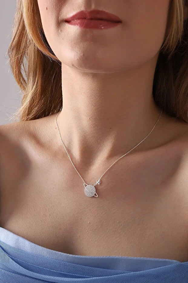 925 Sterling Silver Saturn Planet Necklace with White Zircon Stone