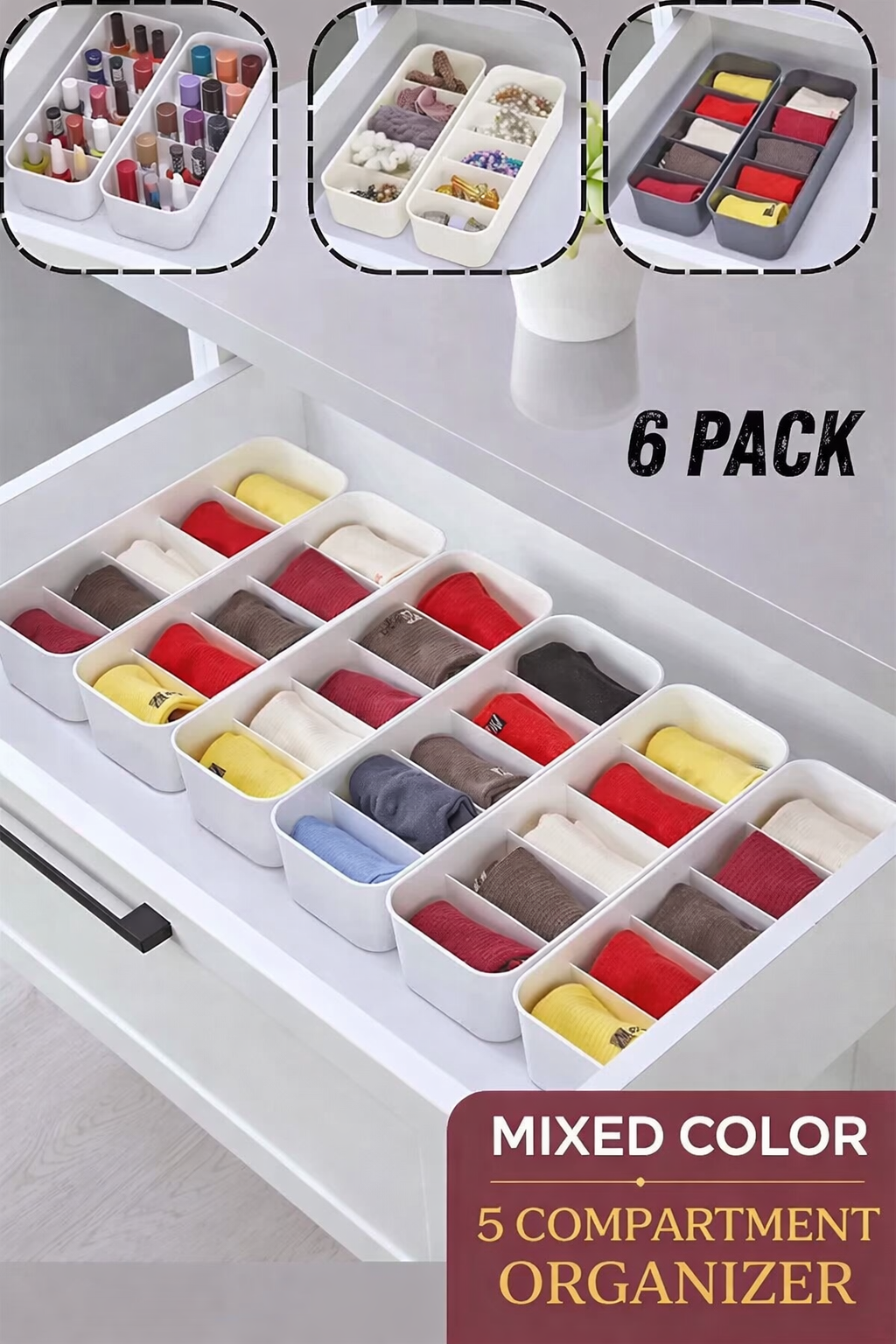 5 Compartment Drawer Organizer Set 6 Pack Jewelry Socks Underwear Storage Boxes