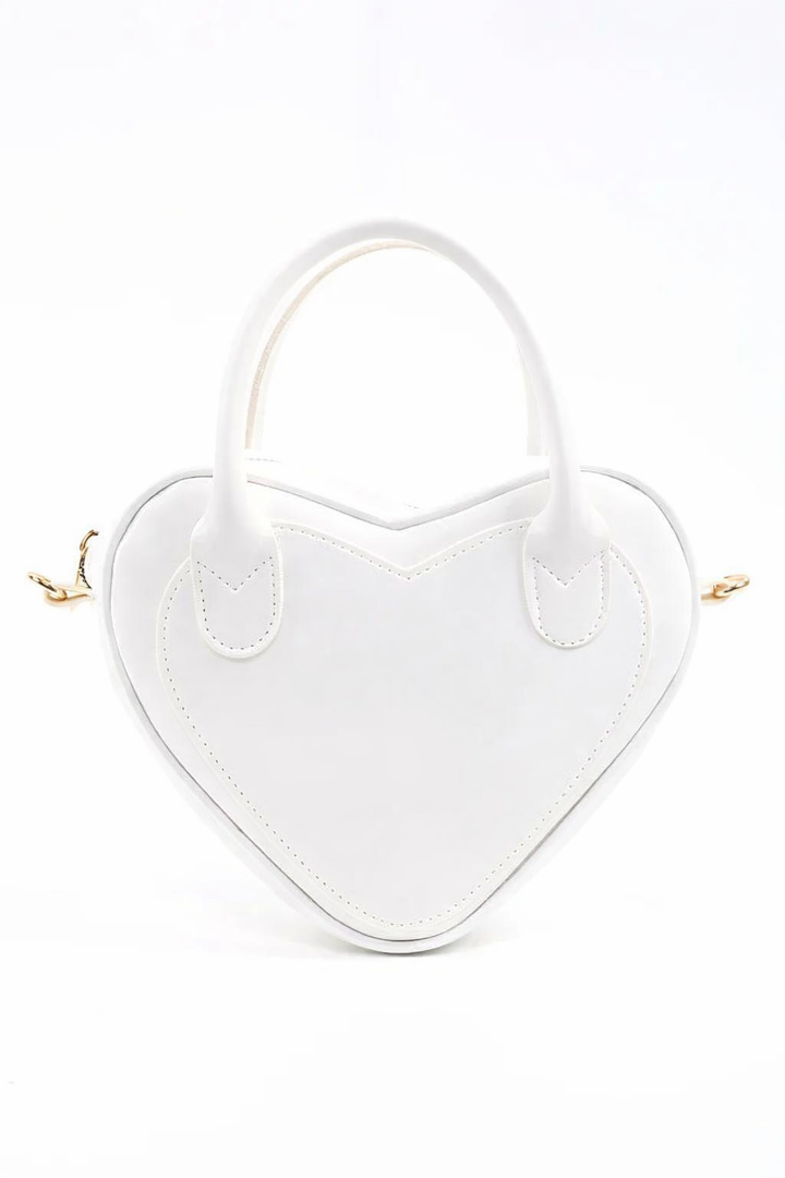 White Heart Shaped Faux Leather Zipper Bag Single Compartment Hand Arm and Shoulder Bag