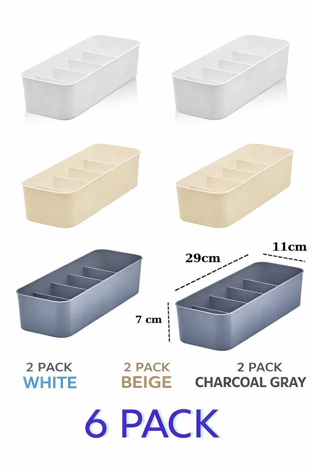 5 Compartment Drawer Organizer Set 6 Pack Jewelry Socks Underwear Storage Boxes