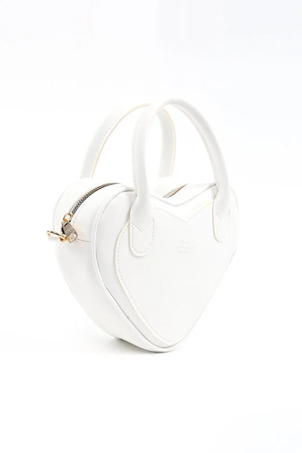 White Heart Shaped Faux Leather Zipper Bag Single Compartment Hand Arm and Shoulder Bag