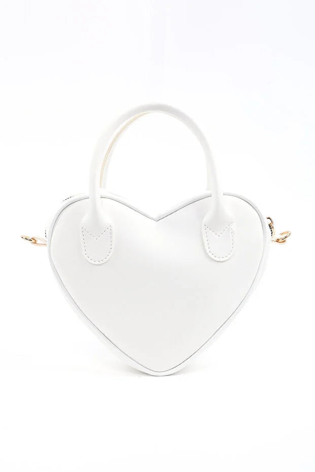 White Heart Shaped Faux Leather Zipper Bag Single Compartment Hand Arm and Shoulder Bag