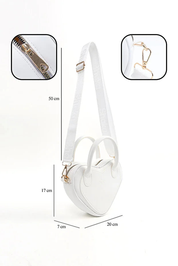 White Heart Shaped Faux Leather Zipper Bag Single Compartment Hand Arm and Shoulder Bag