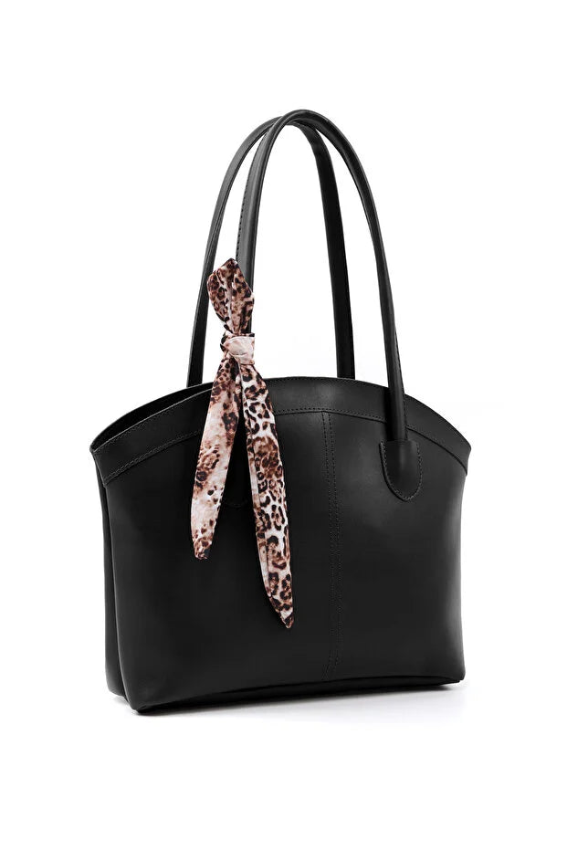 Faux Leather Zippered Shoulder Bag Single Compartment Handbag with Scarf Gift Womens Hand Shoulder Crossbody Bag Black