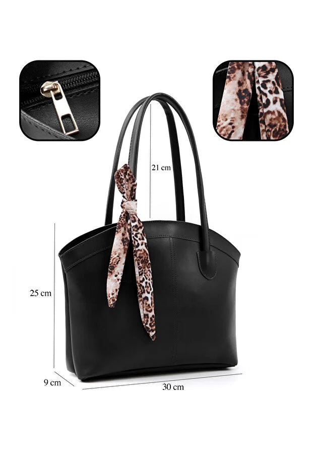 Faux Leather Zippered Shoulder Bag Single Compartment Handbag with Scarf Gift Womens Hand Shoulder Crossbody Bag Black