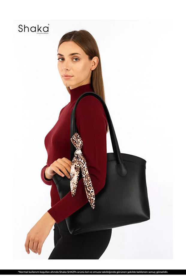 Faux Leather Zippered Shoulder Bag Single Compartment Handbag with Scarf Gift Womens Hand Shoulder Crossbody Bag Black