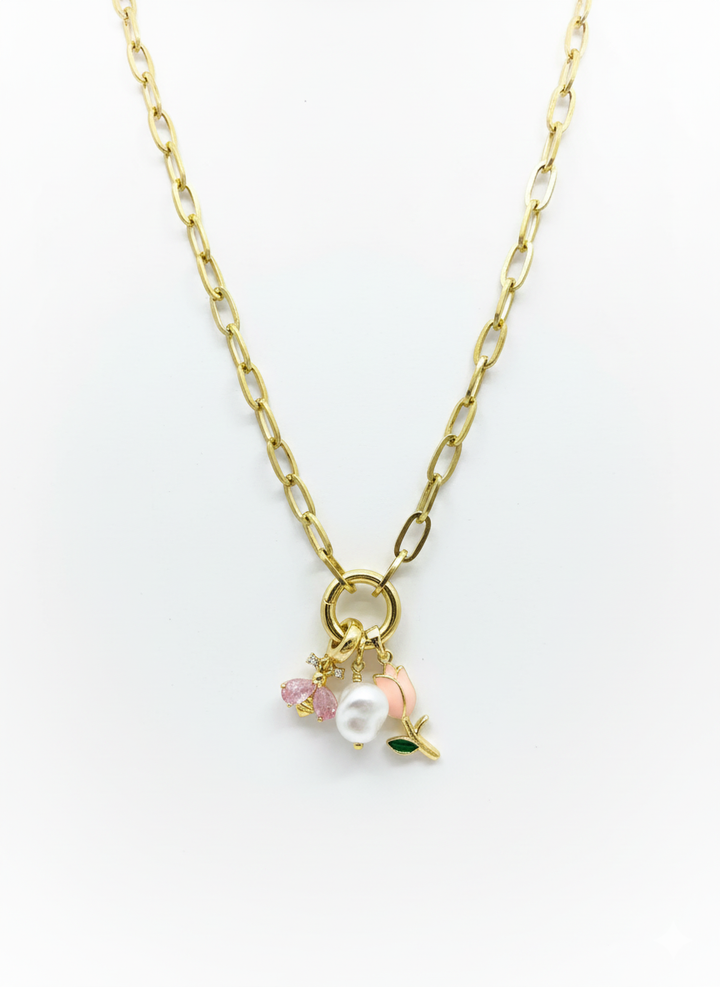 Stainless Steel Lock Removable Charm Tulip Necklace