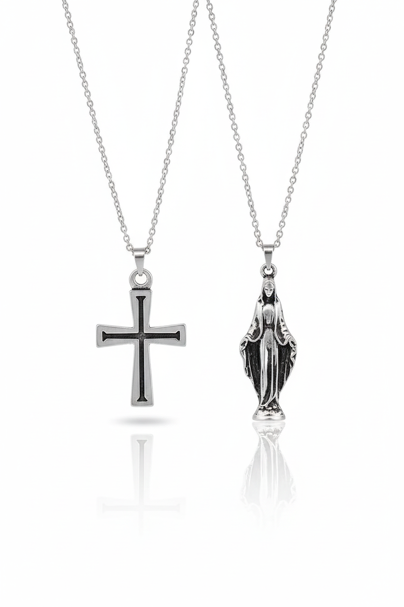 2 Piece Cross and Virgin Mary Necklace Set Men Religious Style Jewelry