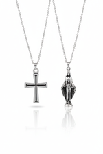 2 Piece Cross and Virgin Mary Necklace Set Men Religious Style Jewelry