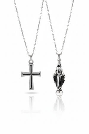 2 Piece Cross and Virgin Mary Necklace Set Men Religious Style Jewelry
