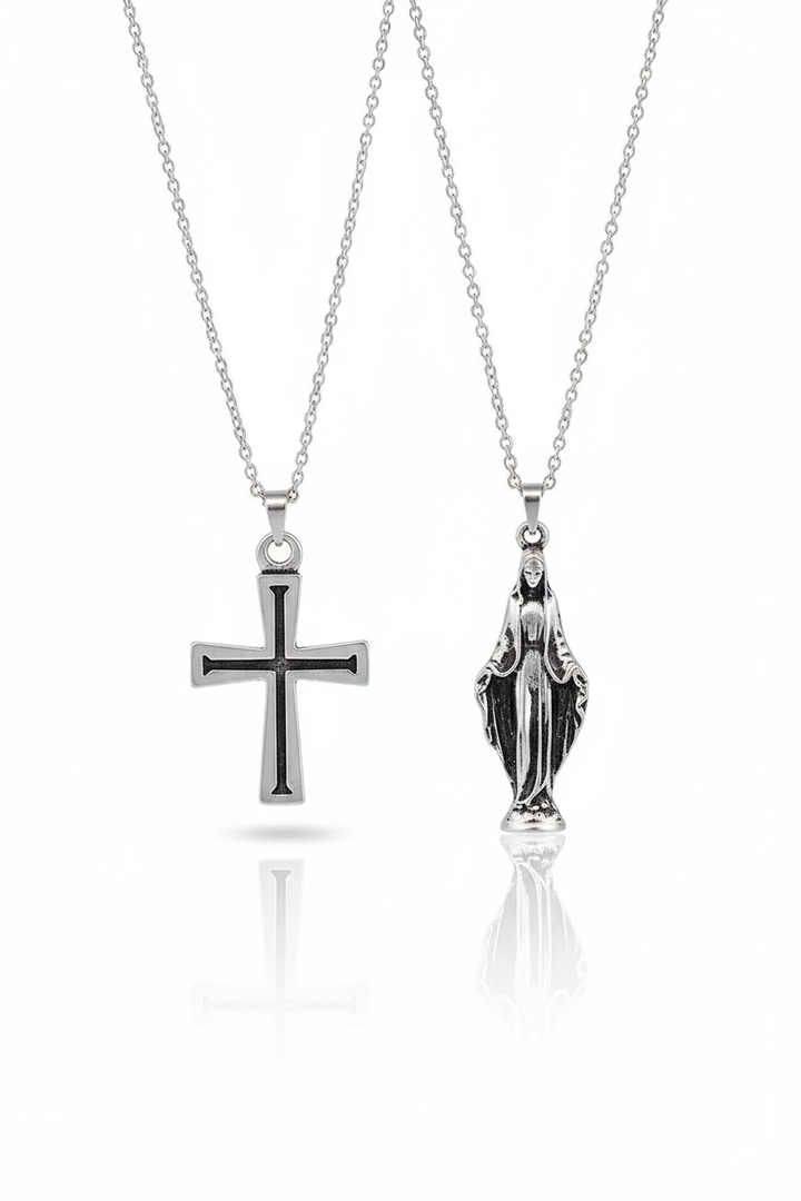 2 Piece Cross and Virgin Mary Necklace Set Men Religious Style Jewelry