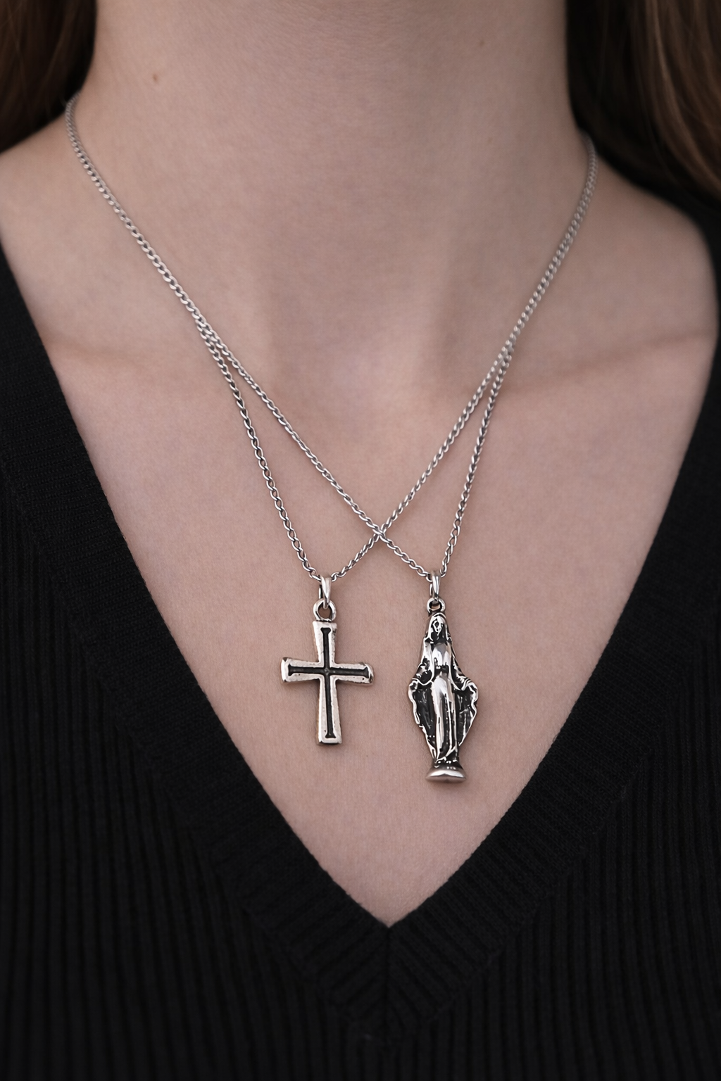2 Piece Cross and Virgin Mary Necklace Set Men Religious Style Jewelry