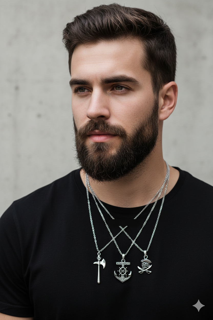 3 Piece Pirate Sword Anchor Skull Pendant Necklace Set Men