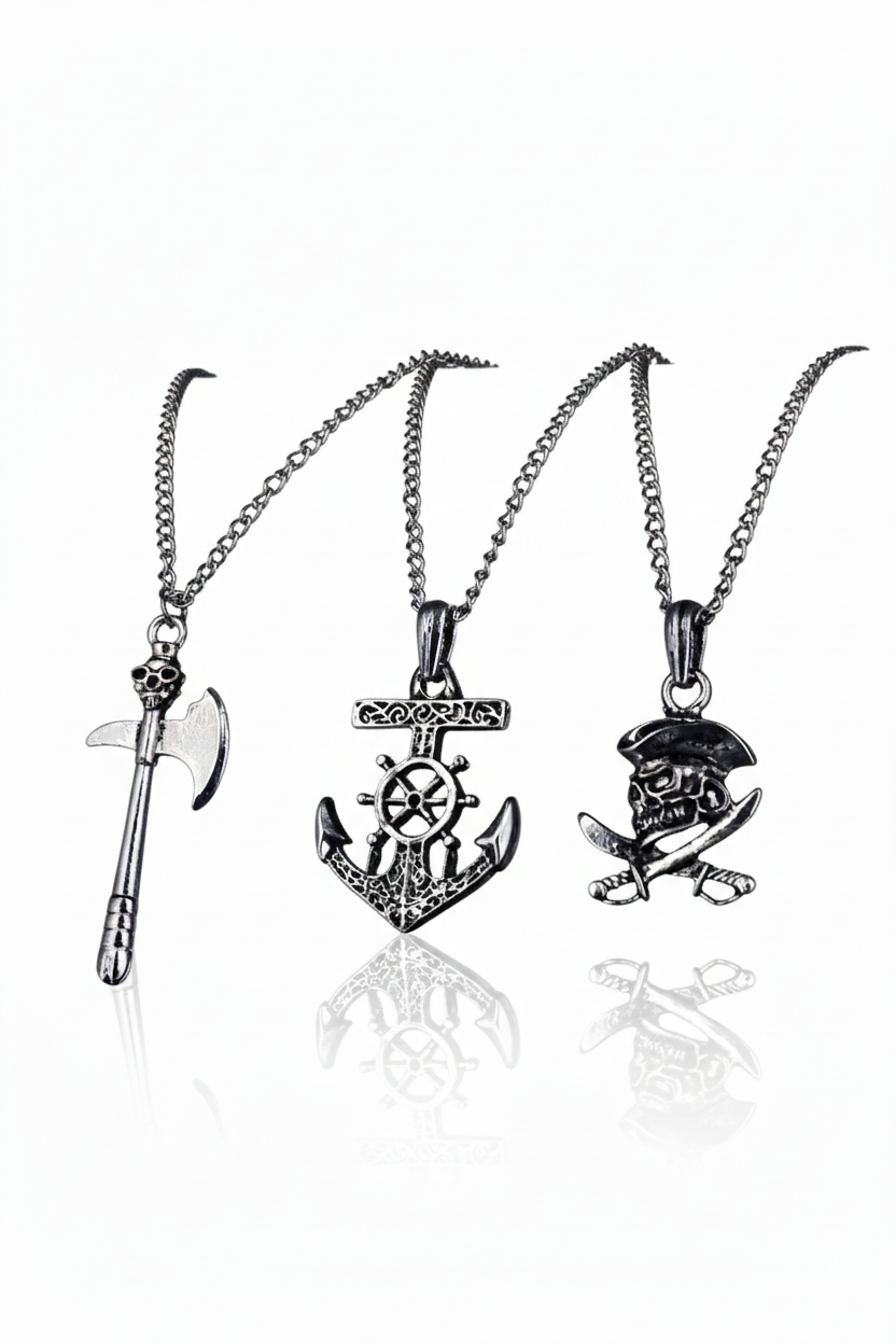 3 Piece Pirate Sword Anchor Skull Pendant Necklace Set Men