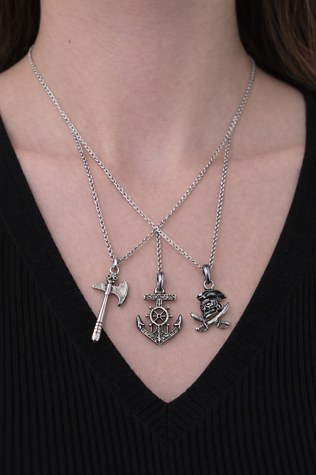 3 Piece Pirate Sword Anchor Skull Pendant Necklace Set Men