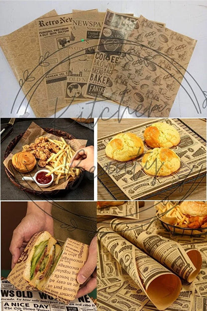 50 Pack Vintage Newspaper Pattern Wax Paper Mixed Design Food Presentation Sheets