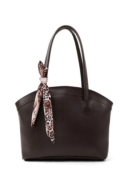 Faux Leather Zippered Shoulder Bag Single Compartment Handbag with Scarf Gift Womens Hand Shoulder Crossbody Bag Brown