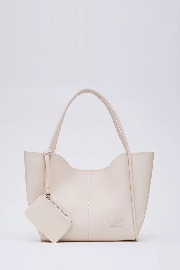 Cream SHK108 faux leather women hand and shoulder bag with wallet and makeup bag