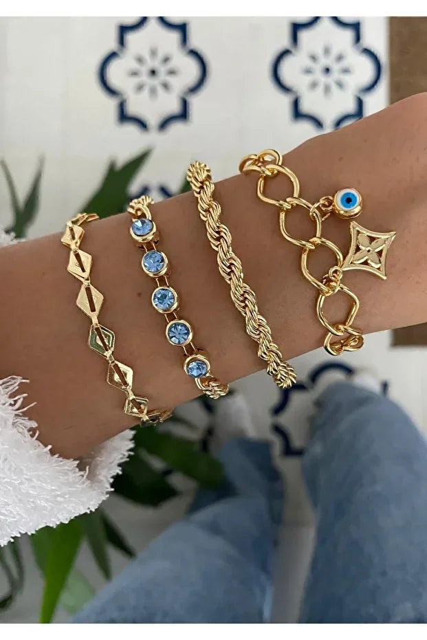 Turquoise Beaded Bracelet Set – Layered Stackable Boho Bracelet Combo – Adjustable Fashion Jewelry Gift for Her