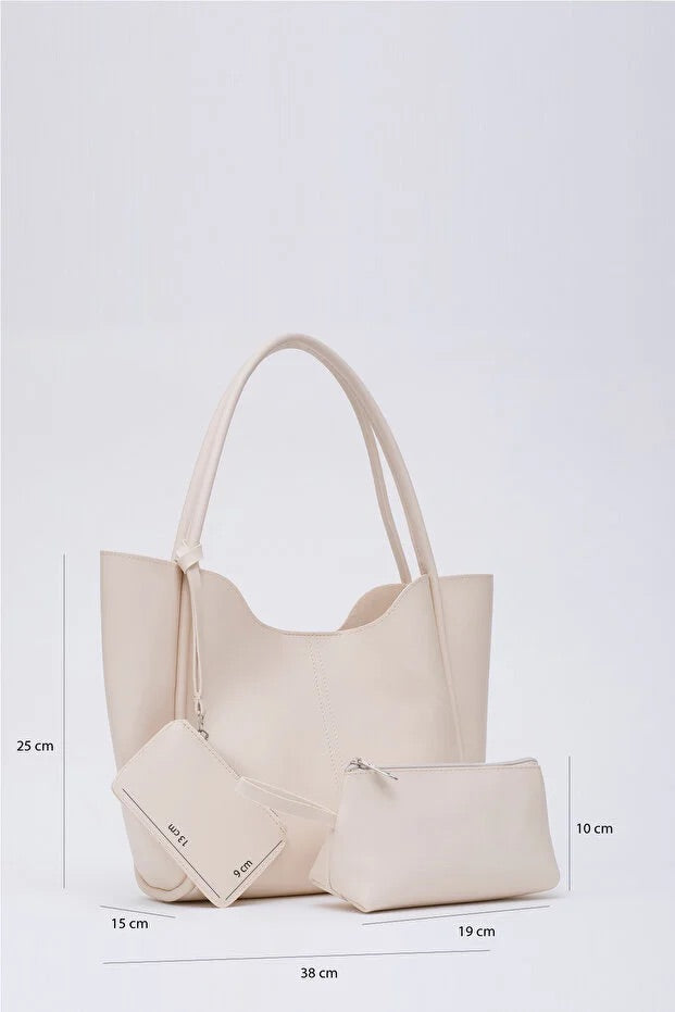 Cream SHK108 faux leather women hand and shoulder bag with wallet and makeup bag