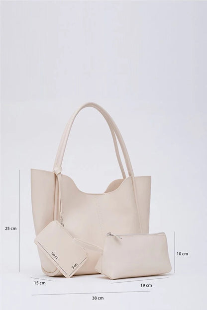 Cream SHK108 faux leather women hand and shoulder bag with wallet and makeup bag