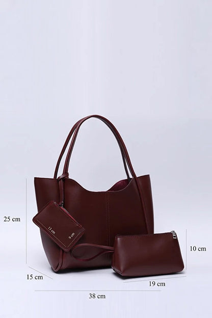 Burgundy SHK108 faux leather women hand and shoulder bag with wallet and makeup bag