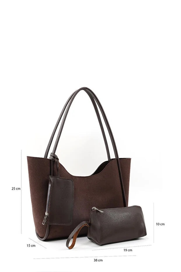 Brown suede SHK108 women hand and shoulder bag with wallet and makeup bag