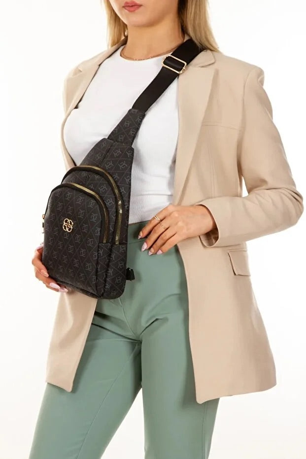 Women Black Leather Monogram Crossbody Belt Chest Shoulder Bag