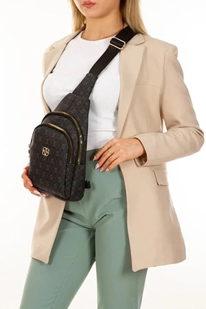 Women Black Leather Monogram Crossbody Belt Chest Shoulder Bag