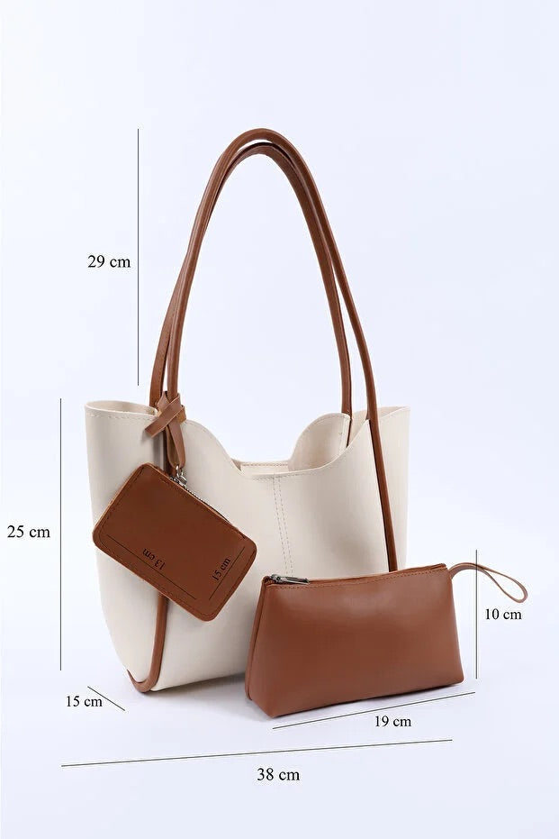 Cream tan SHK108 faux leather women hand and shoulder bag with wallet and makeup bag
