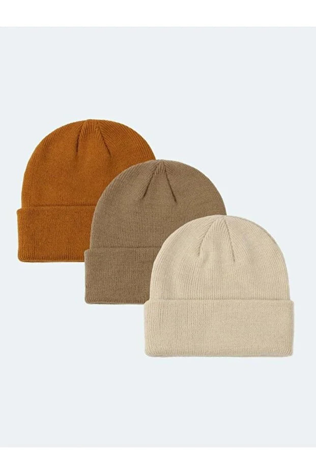 Unisex Foldable Beanie Hat Set – Mustard Taupe & Stone (3-Pack)