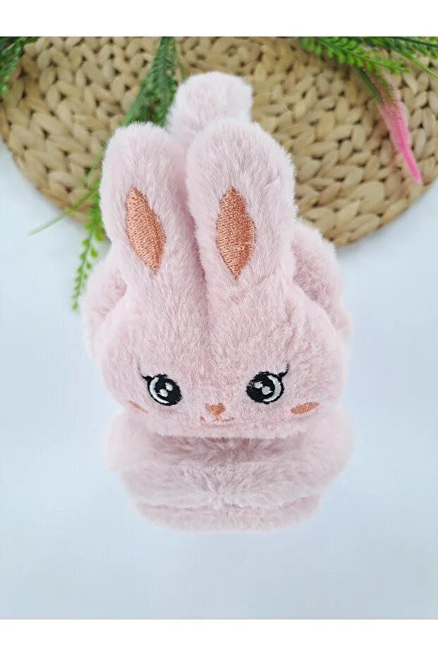 Girls Light Pink Plush Winter Earmuffs – Fluffy Bunny Ear Warmers for Kids
