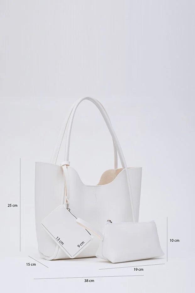 White SHK108 faux leather women hand and shoulder bag with wallet and makeup bag