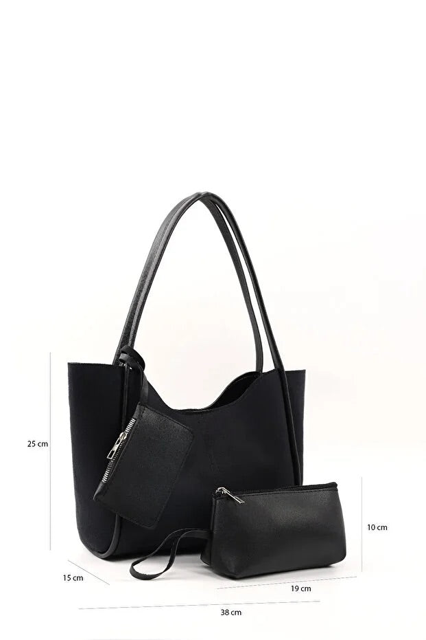 Black suede SHK108 women hand and shoulder bag with wallet and makeup bag