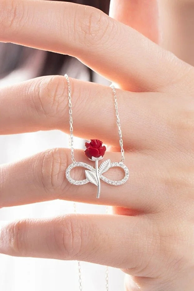 925 Sterling Silver Red Rose Infinity Necklace with White Stone