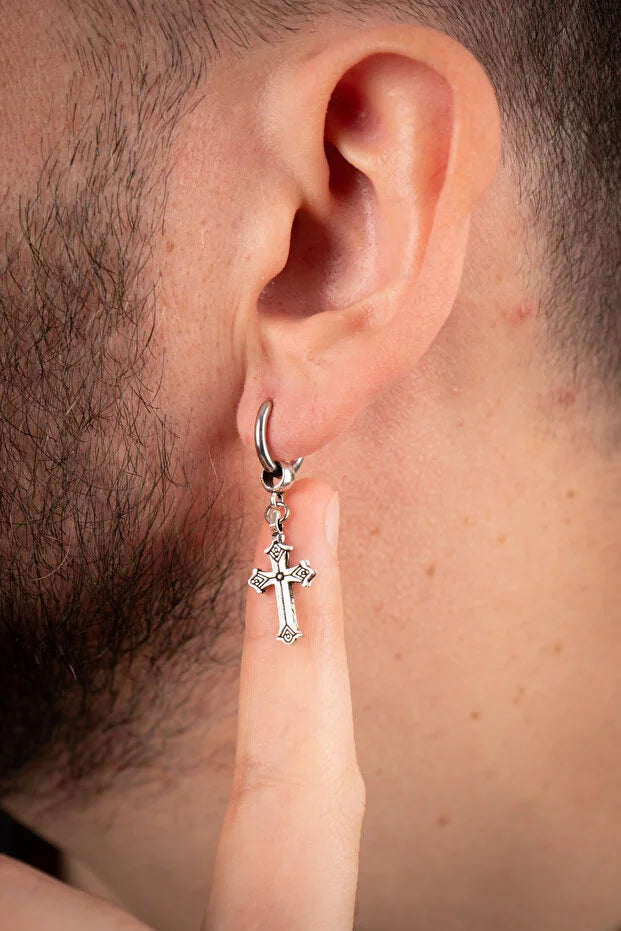 Men Stainless Steel Cross Dangle Hoop Earring Durable Modern Design Jewelry