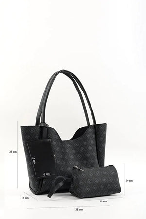 Monogram black SHK108 faux leather women hand and shoulder bag with wallet and makeup bag