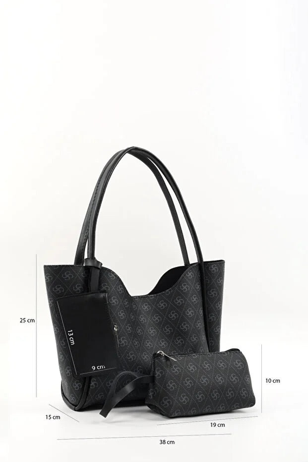 Monogram black SHK108 faux leather women hand and shoulder bag with wallet and makeup bag