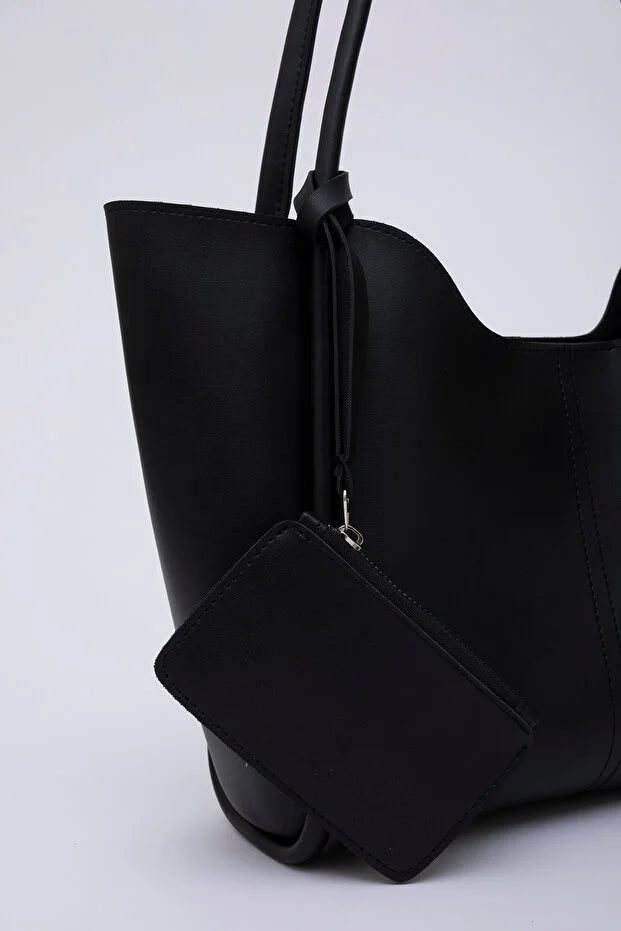 Black SHK108 snap closure faux leather women hand and shoulder bag with detachable wallet and makeup bag spacious daily