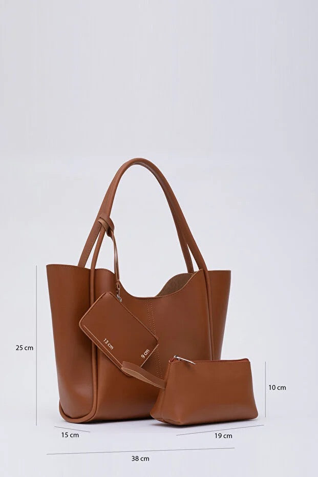 Tan SHK108 faux leather women hand and shoulder bag with wallet and makeup bag