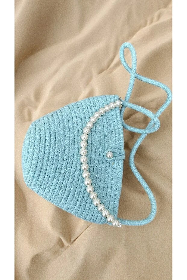 Women blue pearl design shoulder bag elegant daily handbag