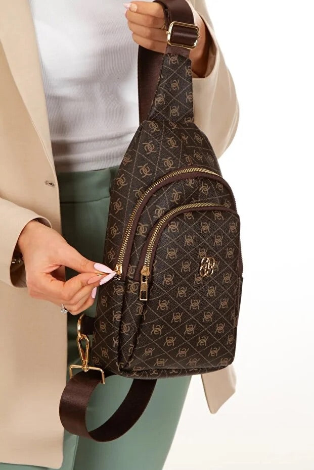 Women’s Brown Leather Monogram Crossbody Belt Chest and Shoulder Bag