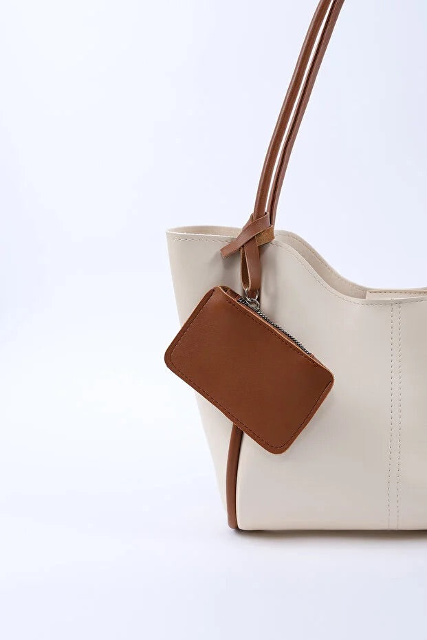 Cream tan SHK108 faux leather women hand and shoulder bag with wallet and makeup bag