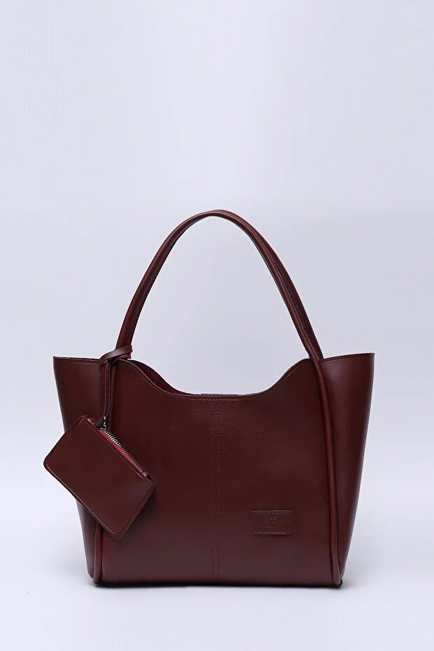 Burgundy SHK108 faux leather women hand and shoulder bag with wallet and makeup bag