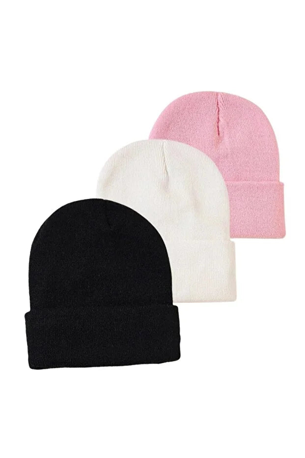 Unisex Foldable Beanie Hat Set – Black Pink & White (3-Pack)