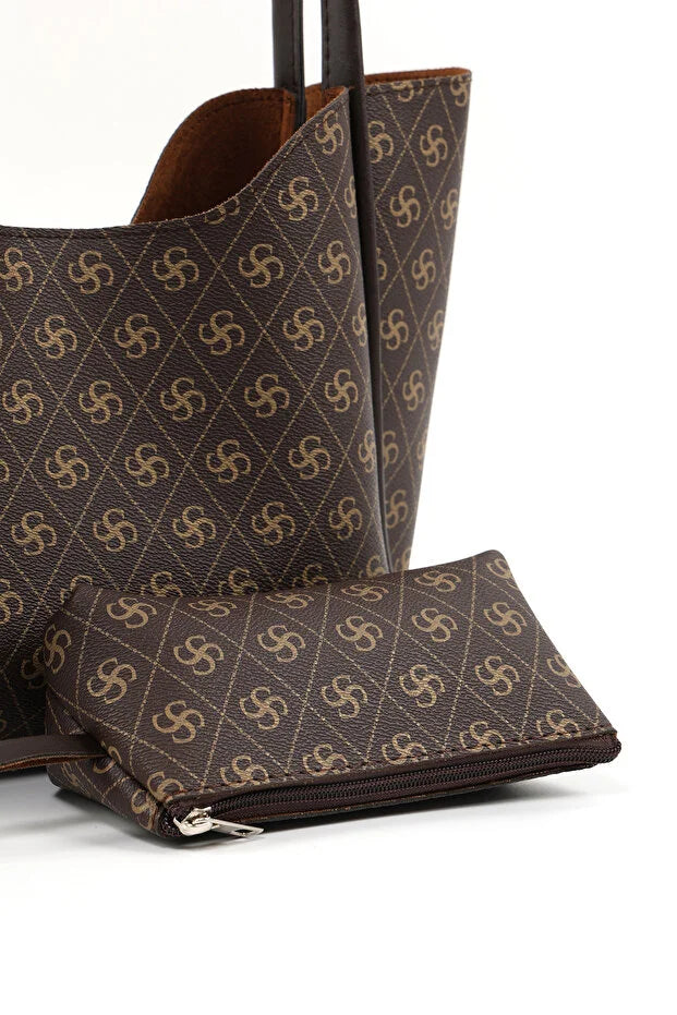 Monogram brown SHK108 faux leather women hand and shoulder bag with wallet and makeup bag