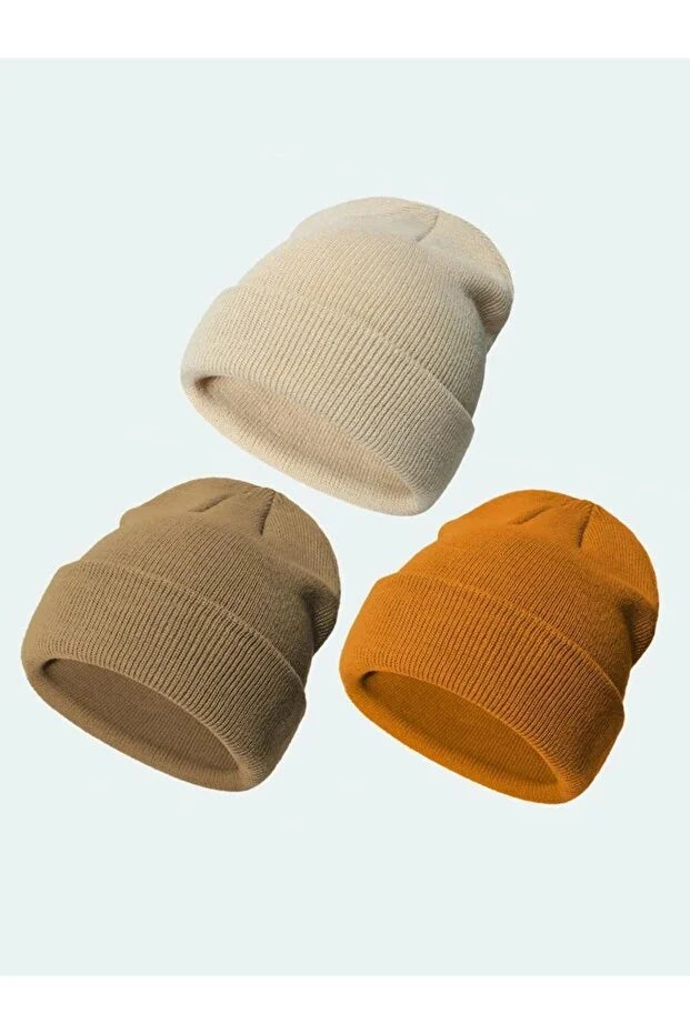 Unisex Foldable Beanie Hat Set – Mustard Taupe & Stone (3-Pack)