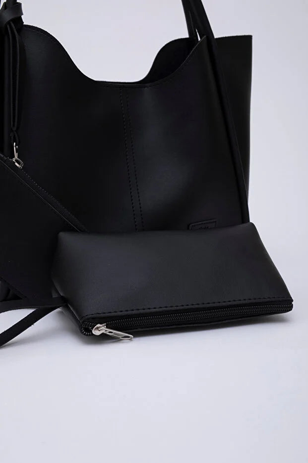 Black SHK108 snap closure faux leather women hand and shoulder bag with detachable wallet and makeup bag spacious daily